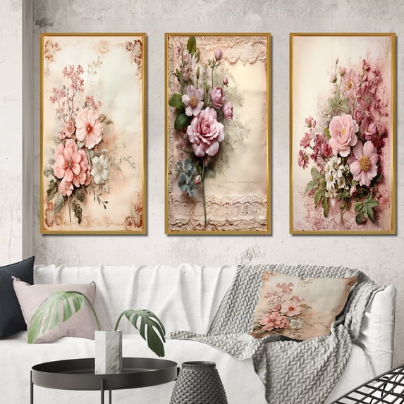 Designart "Rustic Bouquet Pink Roses in Blossom I" Rose Framed Wall Art Set Of 3 - Pink Traditional Frame Gallery Wall Set For Home Decor