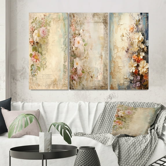 Designart "Rustic Bouquet Vintage Blooming Wildflowers III" Rose Wall Art Set Of 3 - Traditional Pink Canvas Set For Living Room Decor