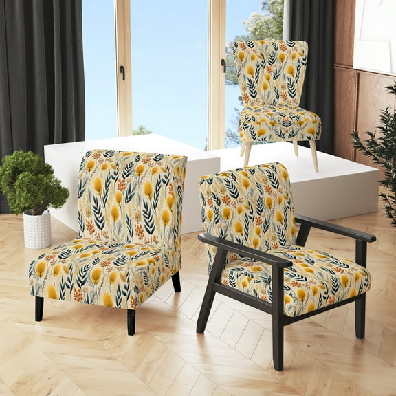 Designart "Rustic Charm In Botanical Blooms II" Yellow Botanical Upholstered Accent Chair - Bohemian & Eclectic Arm Chair For Living Room