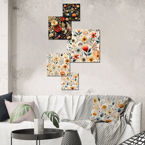 Designart "Rustic Fall Floral Mosaic" Floral Wall Art Set Of 5 - Gray Cottage For Bedroom Wall Art Set