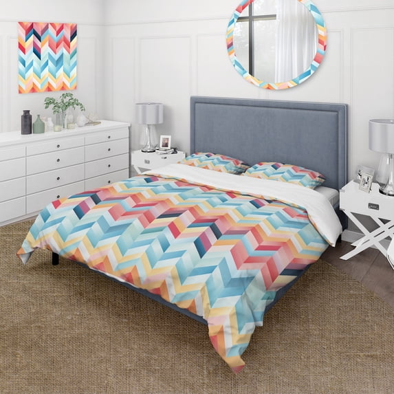 Designart "Rustic Farmhouse Chevron II" Pink Chevron Bedding Covert Set - glam Bed Set With 2 Shams