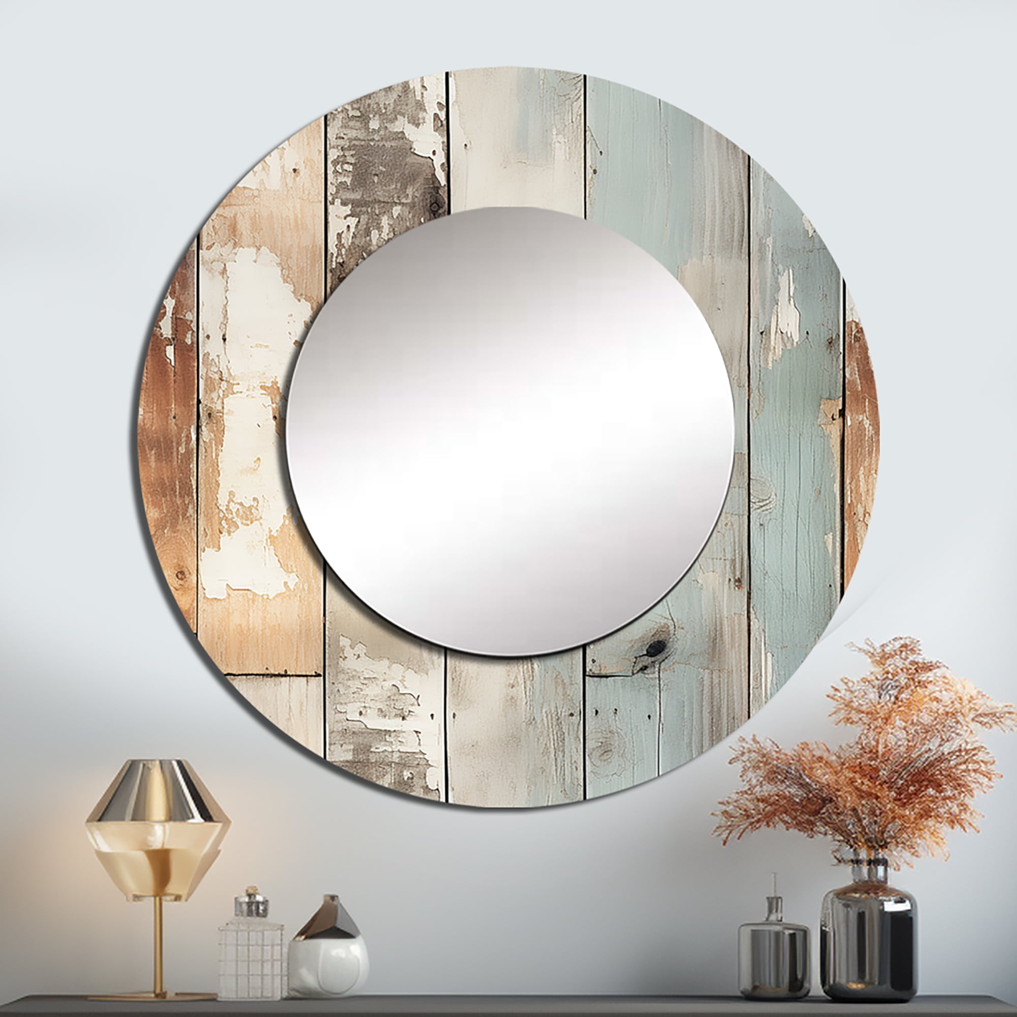 Curated visual reference: Gallery Detail: Designart Rustic Farmhouse Iii Vintage Round Mirror Printed On Metal