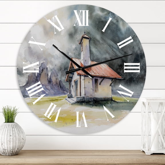 Designart 'Rustic House On Mountain Top During Storm' Country Wall Clock