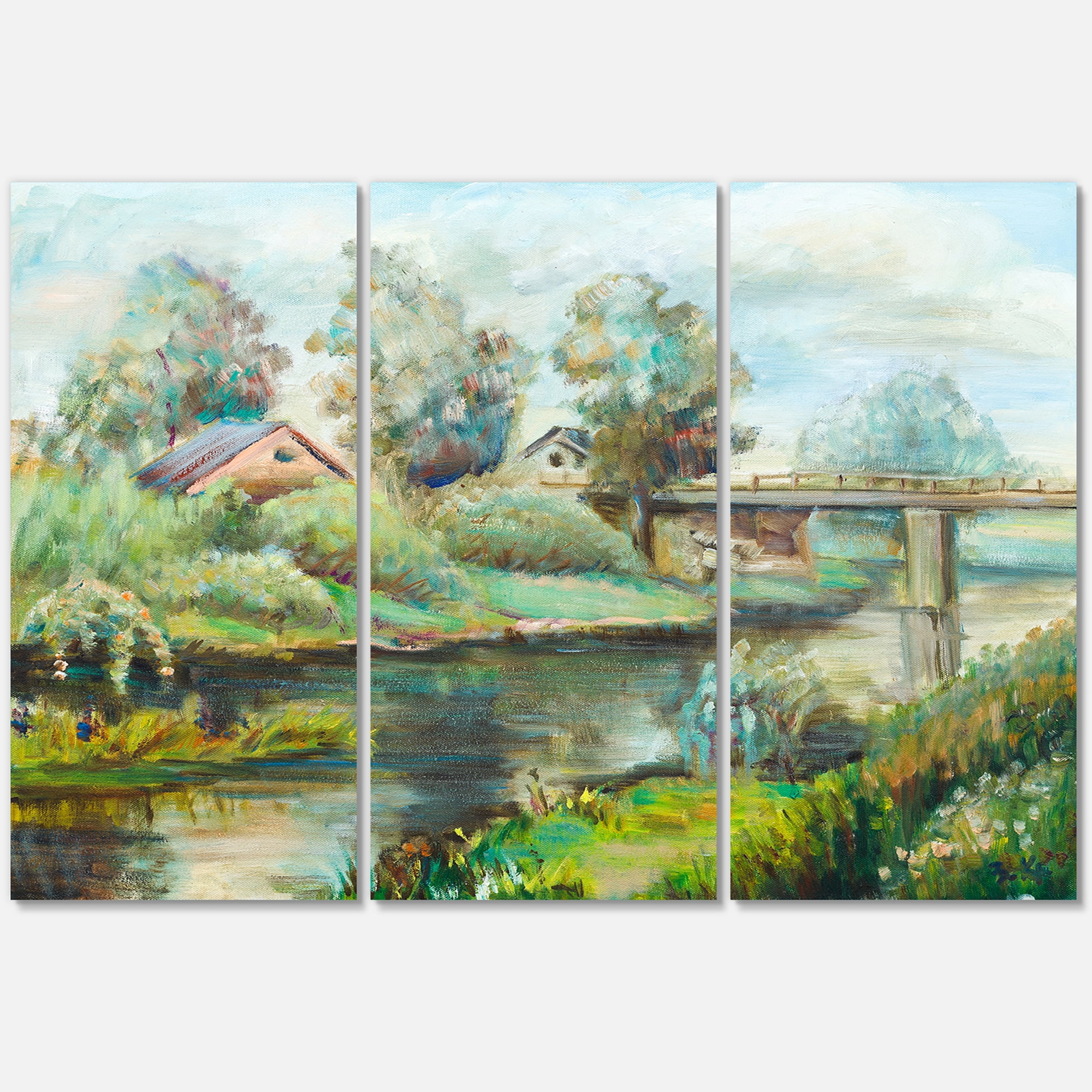Designart ' Rustic Landscape With Bridge On The River ' Lake House Canvas Wall Art Print
