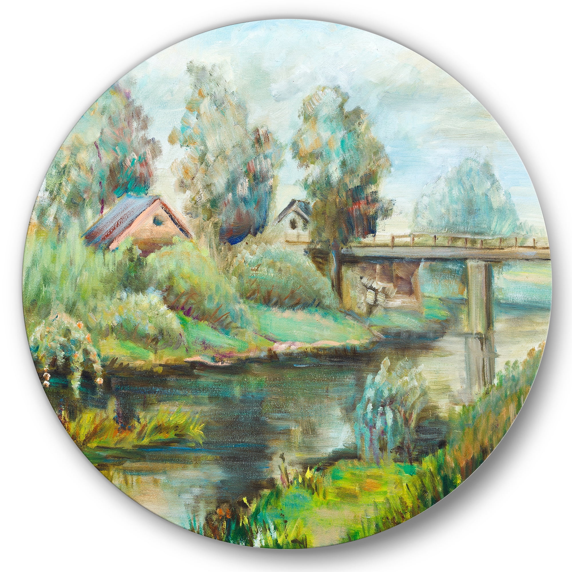 Designart 'Rustic Landscape With Bridge On The River' Lake House Circle Metal Wall Art 11x11 - Disc of 11