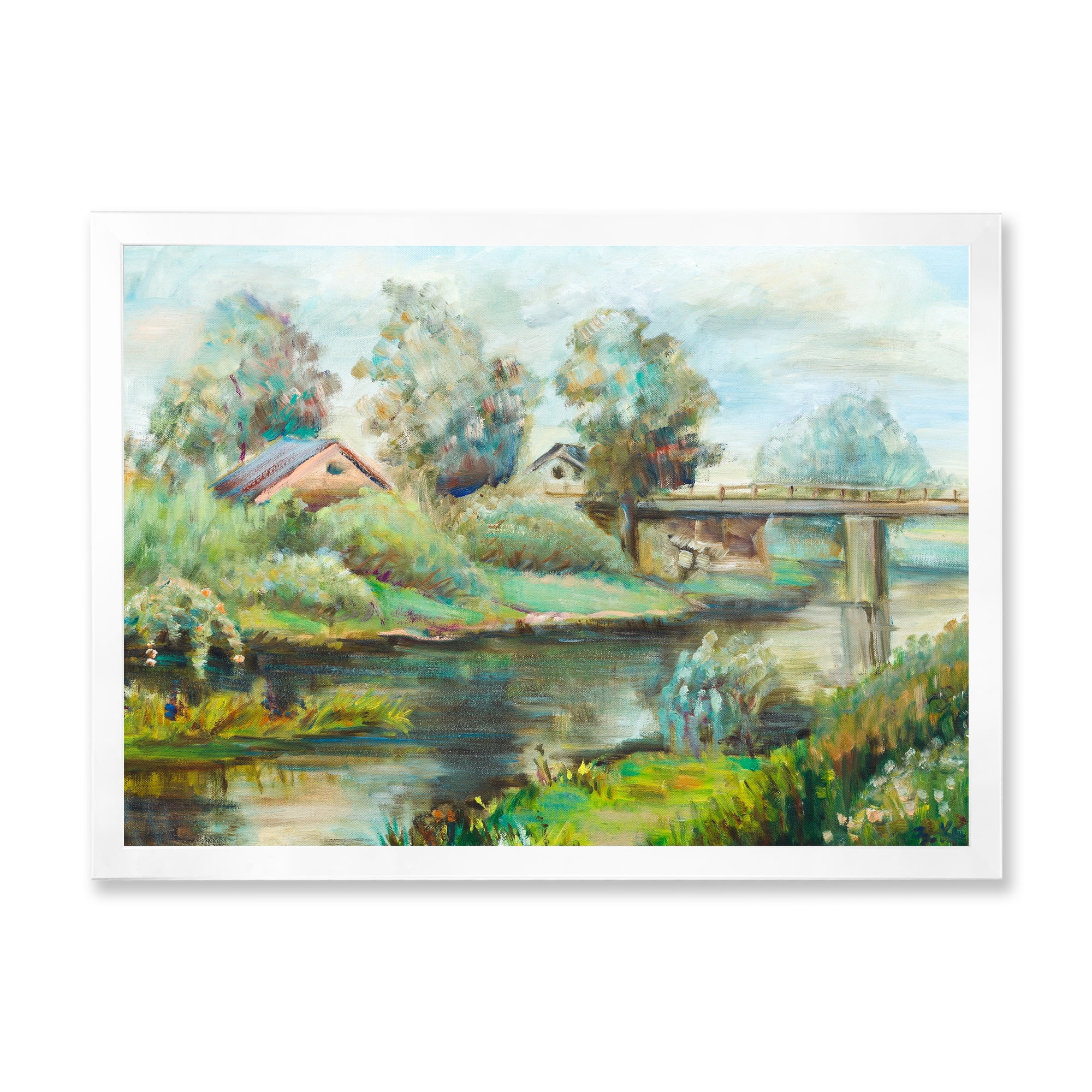 Designart 'Rustic Landscape With Bridge On The River' Lake House Framed Art Print