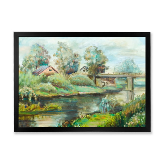 Designart 'Rustic Landscape With Bridge On The River' Lake House Framed Art Print
