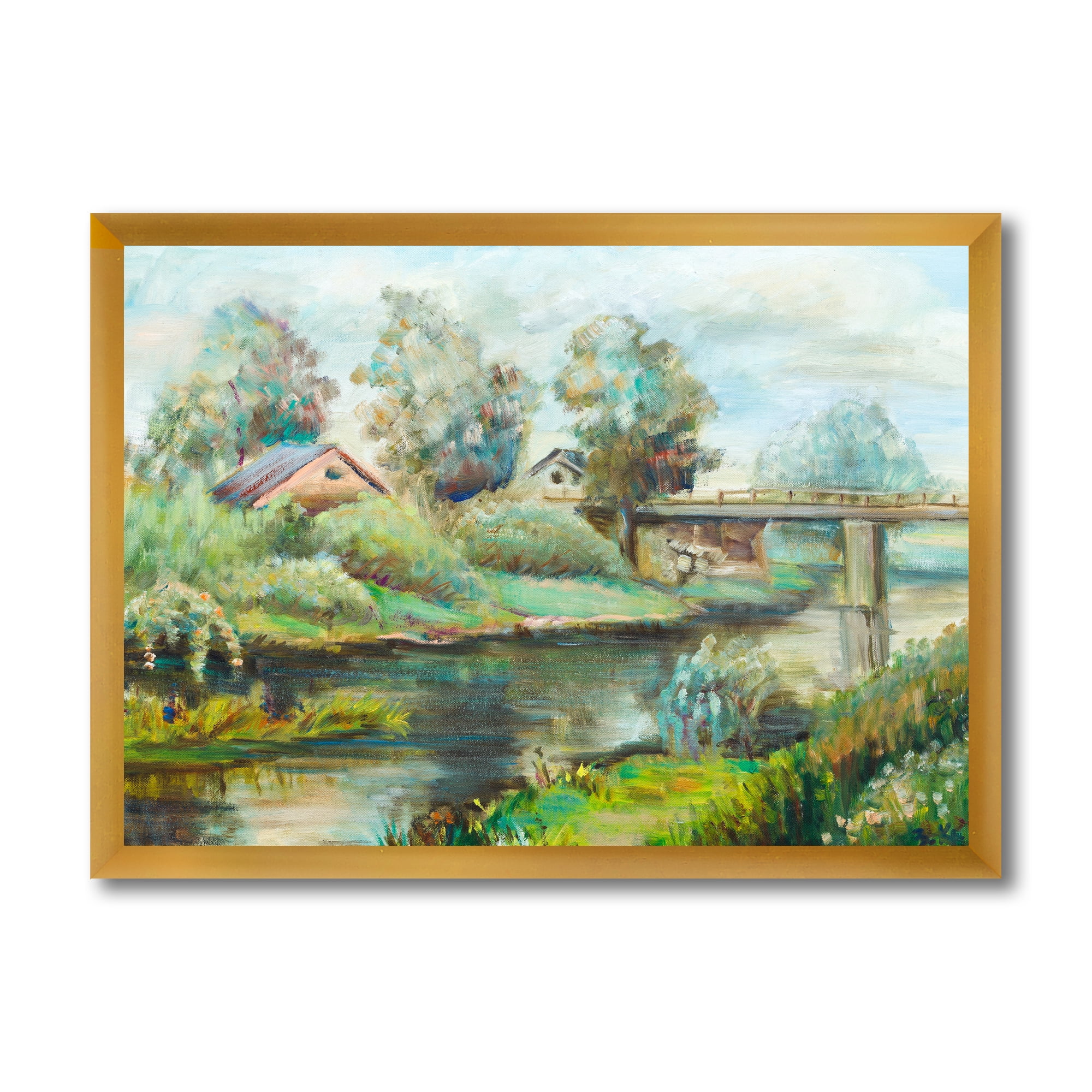 Designart 'Rustic Landscape With Bridge On The River' Lake House Framed Art Print