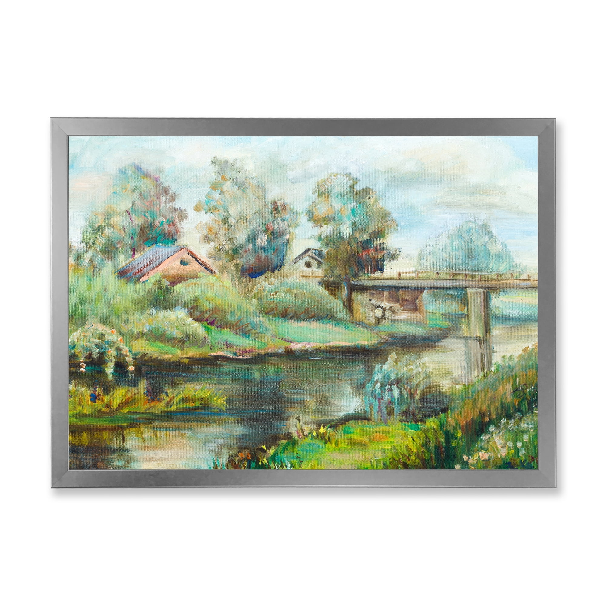 Designart 'Rustic Landscape With Bridge On The River' Lake House Framed Art Print