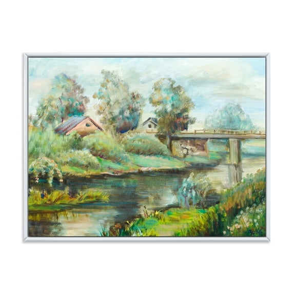 Designart 'Rustic Landscape With Bridge On The River' Lake House Framed Canvas Wall Art Print