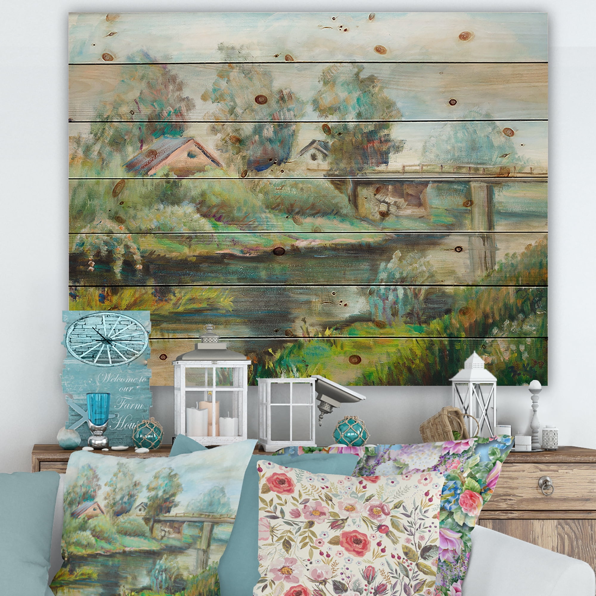 Designart 'Rustic Landscape With Bridge On The River' Lake House Print on Natural Pine Wood