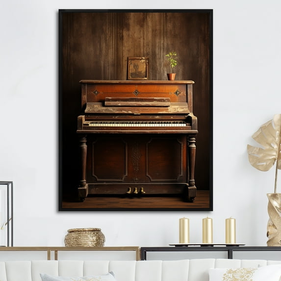 Designart "Rustic Melodies Of The Vintage Piano II" Music Floater Framed Wall Art Living Room