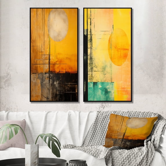 Designart "Rustic Memories of the Full Moon II" Modern Geometric Framed Wall Art Set Of 2 - Modern Gold Frame Gallery Set For Office Decor