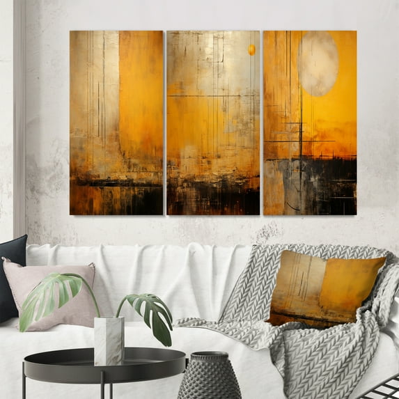 Designart "Rustic Memories of the Full Moon III" Modern Geometric Wall Art Set Of 3 - Gold Abstract Gallery Wall Set For Home Decor