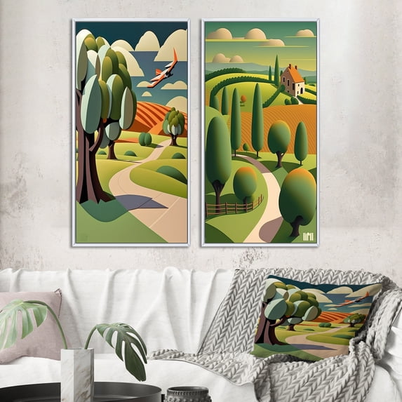 Designart "Rustic Mountains Abstract Landscape II" Abstract Landscape Framed Wall Art Set Of 2 - Modern Green Gallery Wall Frame Set For Home Decor