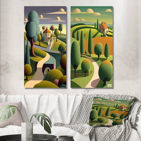 Designart "Rustic Mountains Abstract Landscape IV" Abstract Landscape Wall Art Set Of 2 - Modern Green Gallery Wall Set For Home Decor
