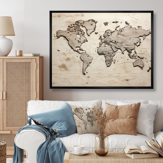 Designart "Rustic Pathways On The World Map" World Map Floater Framed Wall Art Prints