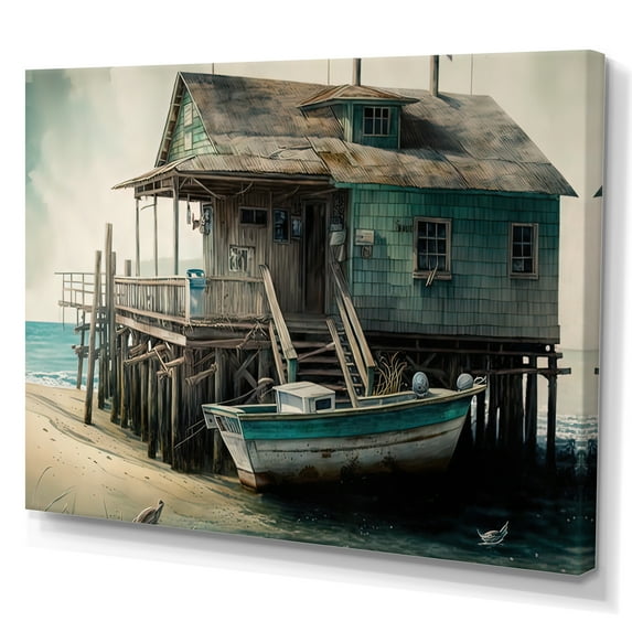 Designart Rustic Port With A Fishing Boat I Canvas Wall Art