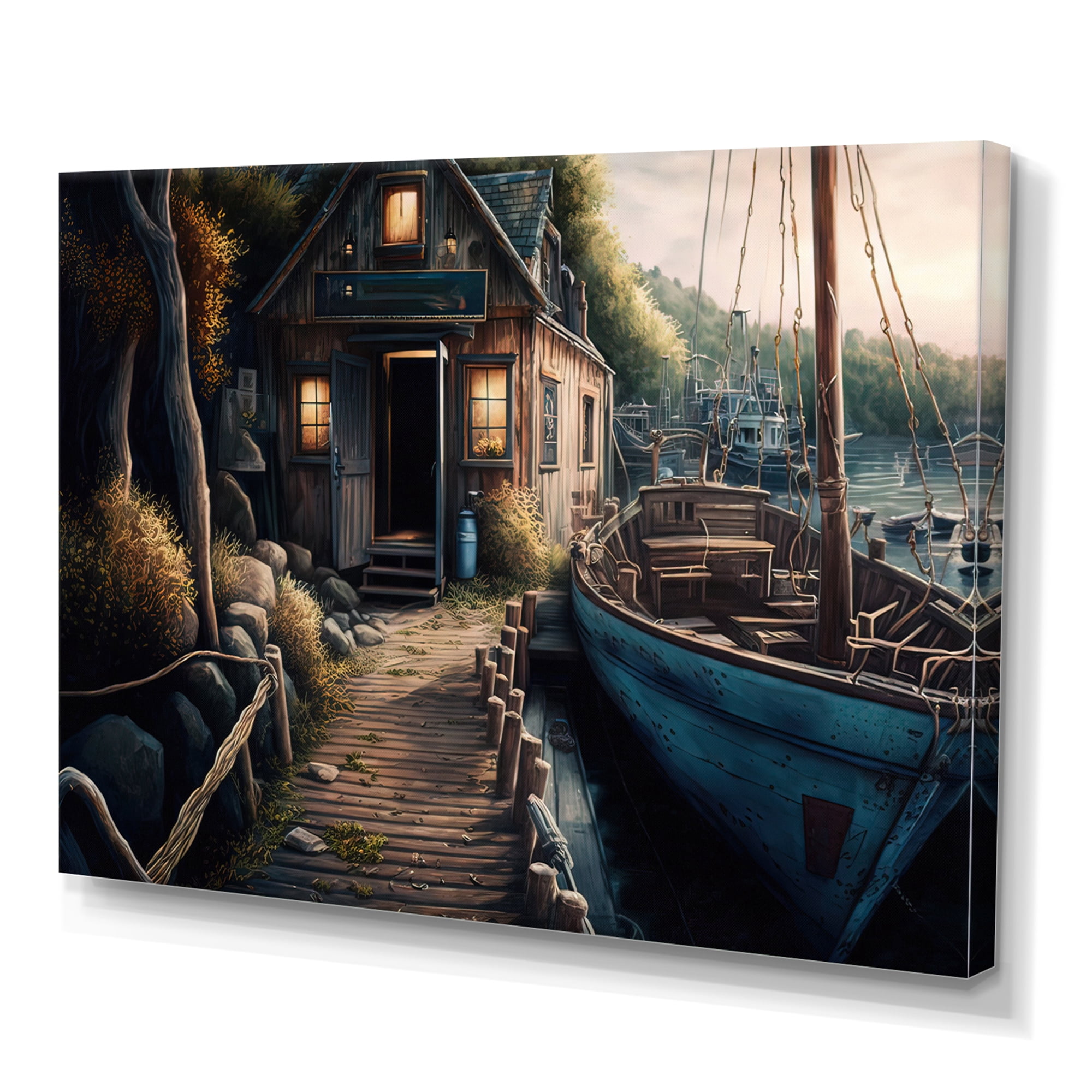 Designart Rustic Port With A Fishing Boat II Canvas Wall Art