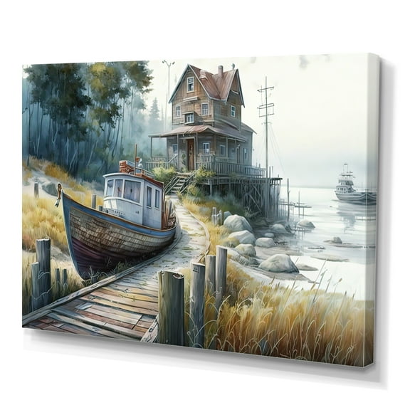 Designart Rustic Port With A Fishing Boat III Canvas Wall Art