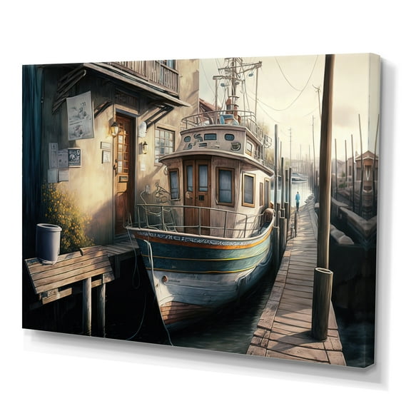 Designart Rustic Port With A Fishing Boat IV Canvas Wall Art
