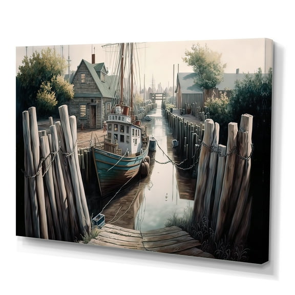 Designart Rustic Port With A Fishing Boat V Canvas Wall Art