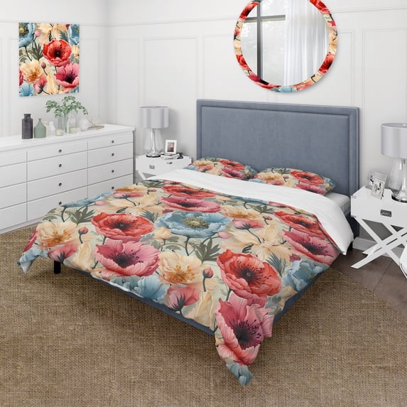 Designart "Rustic Red Poppy Blend" Eclectic Bedding Covert Set - Bohemian & Eclectic Bed Set With 2 Shams