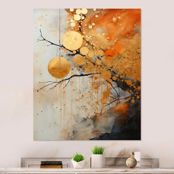 Designart "Rustic Reflections Gold Grey art painting I" Abstract Collages Metal Wall Art
