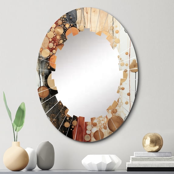 Designart "Rustic Reflections Gold Grey art painting II" Abstract Collages Round Wall Mirror - Modern Oval Printed Decorative Oversized Mirror - Multiple Color Options