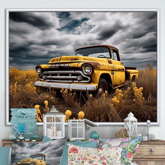 Designart "Rustic Rides Yellow Pickup Truck Exploration II" Transportation Floater Framed Canvas Art Print