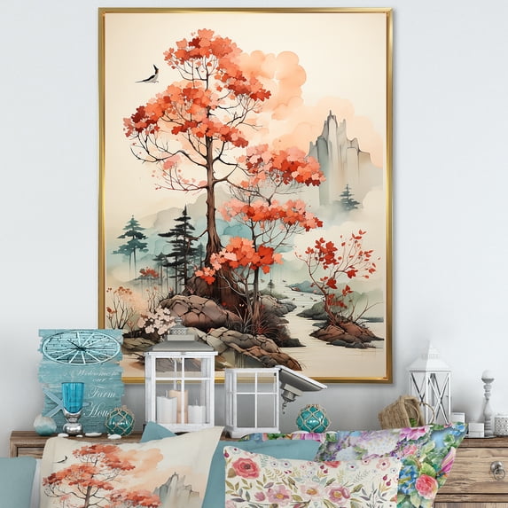 Designart "Rustic Sepia Redwood Scene" Tree Redwood Floater Framed Wall Decor