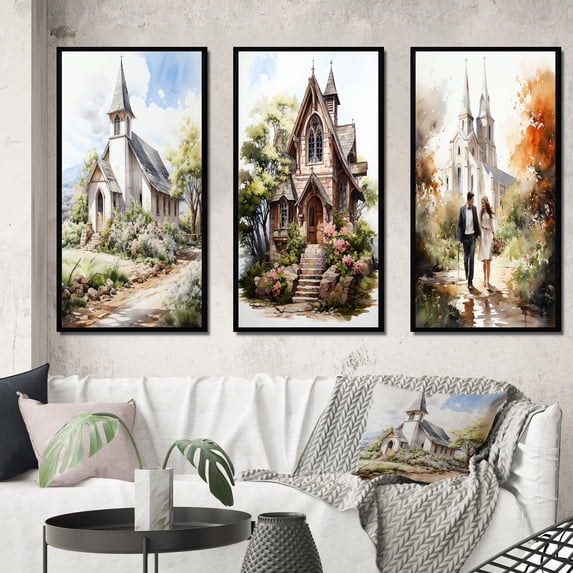 Designart "Rustic Spring Watercolor White Wedding Chapel" Romantic Landscape Framed Wall Art Set Of 3 - White Traditional Frame Gallery Wall Set For Home Decor