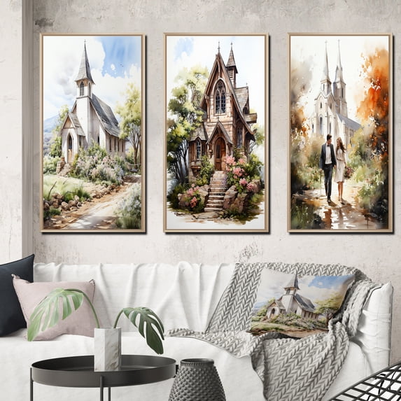 Designart "Rustic Spring Watercolor White Wedding Chapel" Romantic Landscape Framed Wall Art Set Of 3 - White Traditional Frame Gallery Wall Set For Home Decor