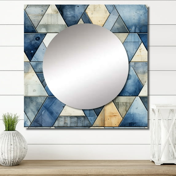 Designart "Rustic Symphony of Cobalt Triangles IV" 0 Square Mirror Wall Decor Modern - Large Blue Square Bathroom Mirror - Square Printed Wall Mirror Art