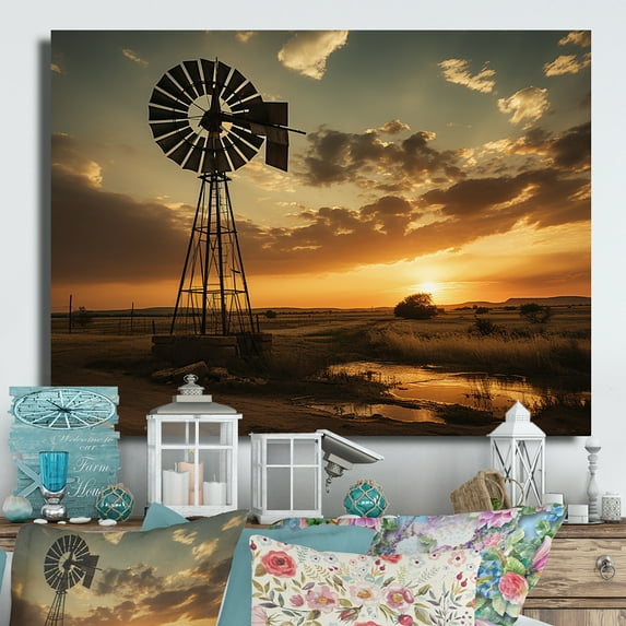 Designart "Rustic Windmills of Texas" Landscapes Metal Wall Art