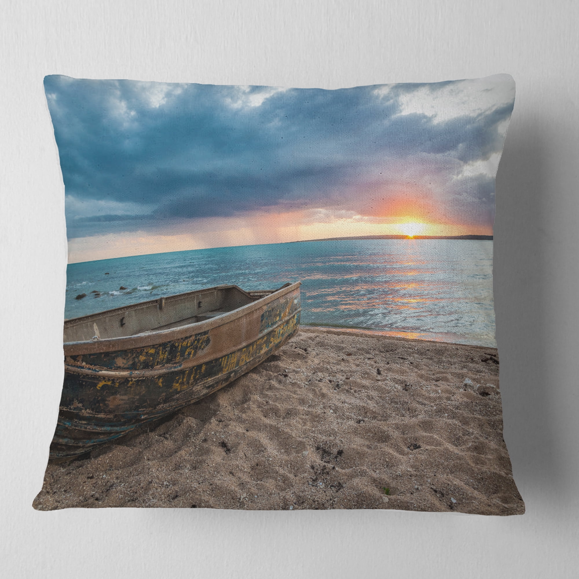 Designart Rusty Row Boat on Sand at Sunset - Seascape Throw Pillow - 16x16
