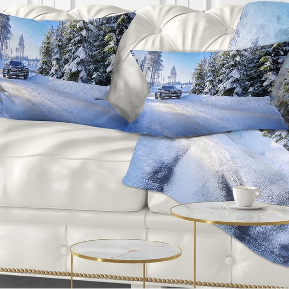Designart SUV Car Though Snowy Winter - Landscape Printed Throw Pillow - 12x20