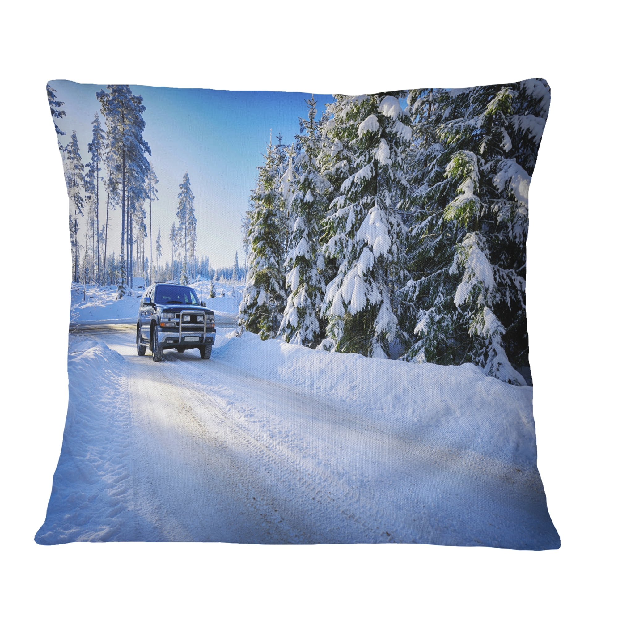 Designart SUV Car Though Snowy Winter - Landscape Printed Throw Pillow - 18x18