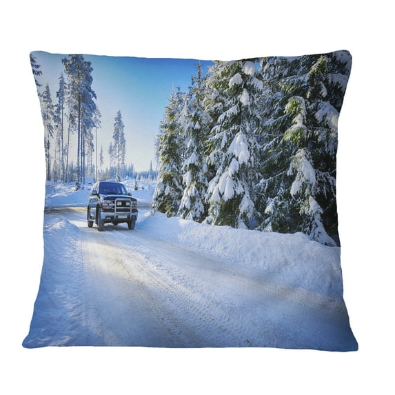 Designart SUV Car Though Snowy Winter - Landscape Printed Throw Pillow - 18x18