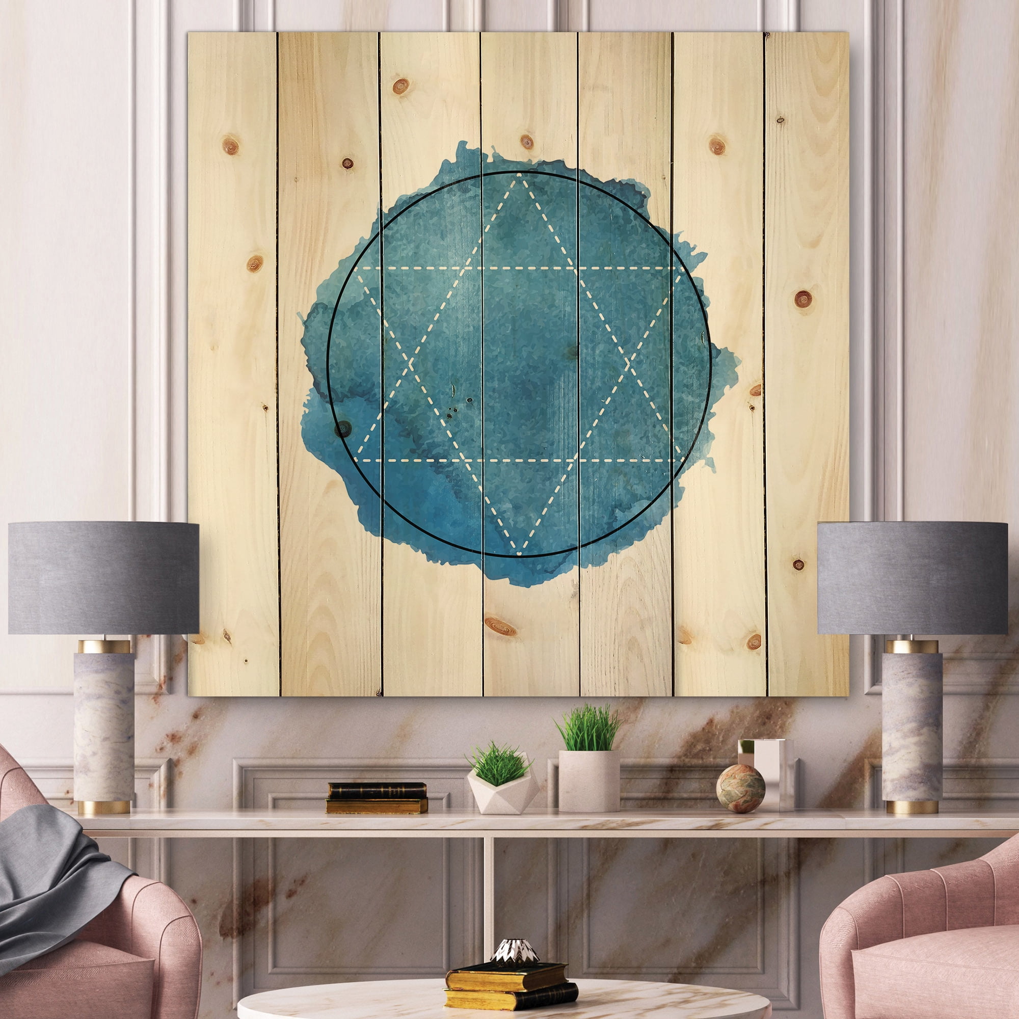 Designart 'Sacred Geometry and Symbol of Alchemy III' Bohemian & Eclectic Print on Natural Pine Wood
