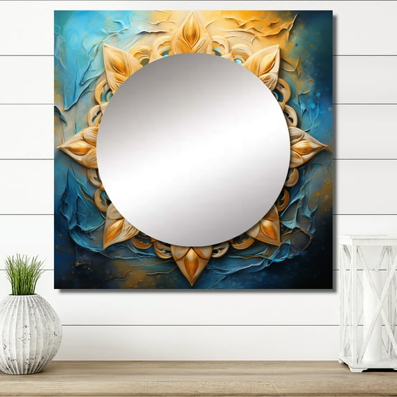 Designart "Sacred Mandala In Retro Gold And Cyan" Boho Mandala Square Mirror For Wall Decor - Large Gold Square Mirror Printed Wall Decor - Traditional Square Living Room Mirror