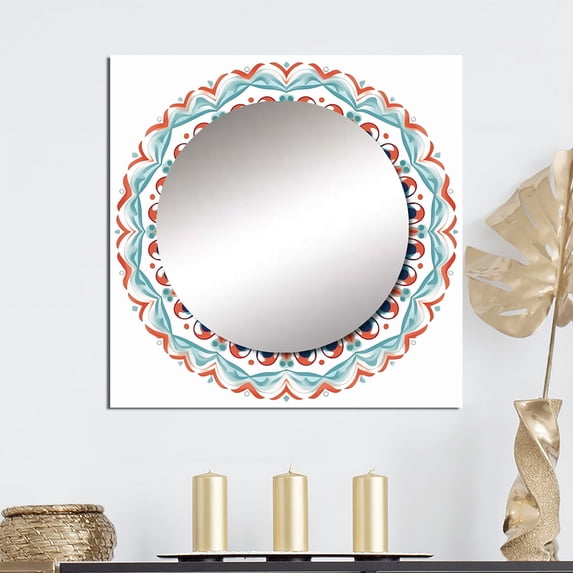 Designart "Sacred Mandala In Vintage Blue And Tangerine I" Boho Mandala Square Mirror For Wall Decor - Large Blue Square Printed Wall Mirror Art - Wall Mounted Square Large Mirror