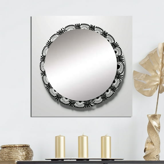 Designart "Sacred Mandala In Vintage Monochrome" Boho Mandala Square Mirror Wall Decor Traditional - Large White Square Bathroom Mirror - Square Printed Wall Mirror Art