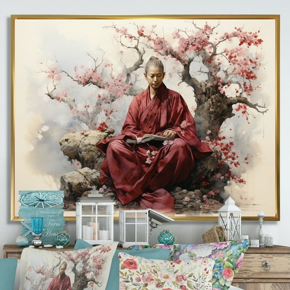 Designart "Sacred Scriptures Red Beige Wisdom II" Spiritual Floater Framed Canvas Print