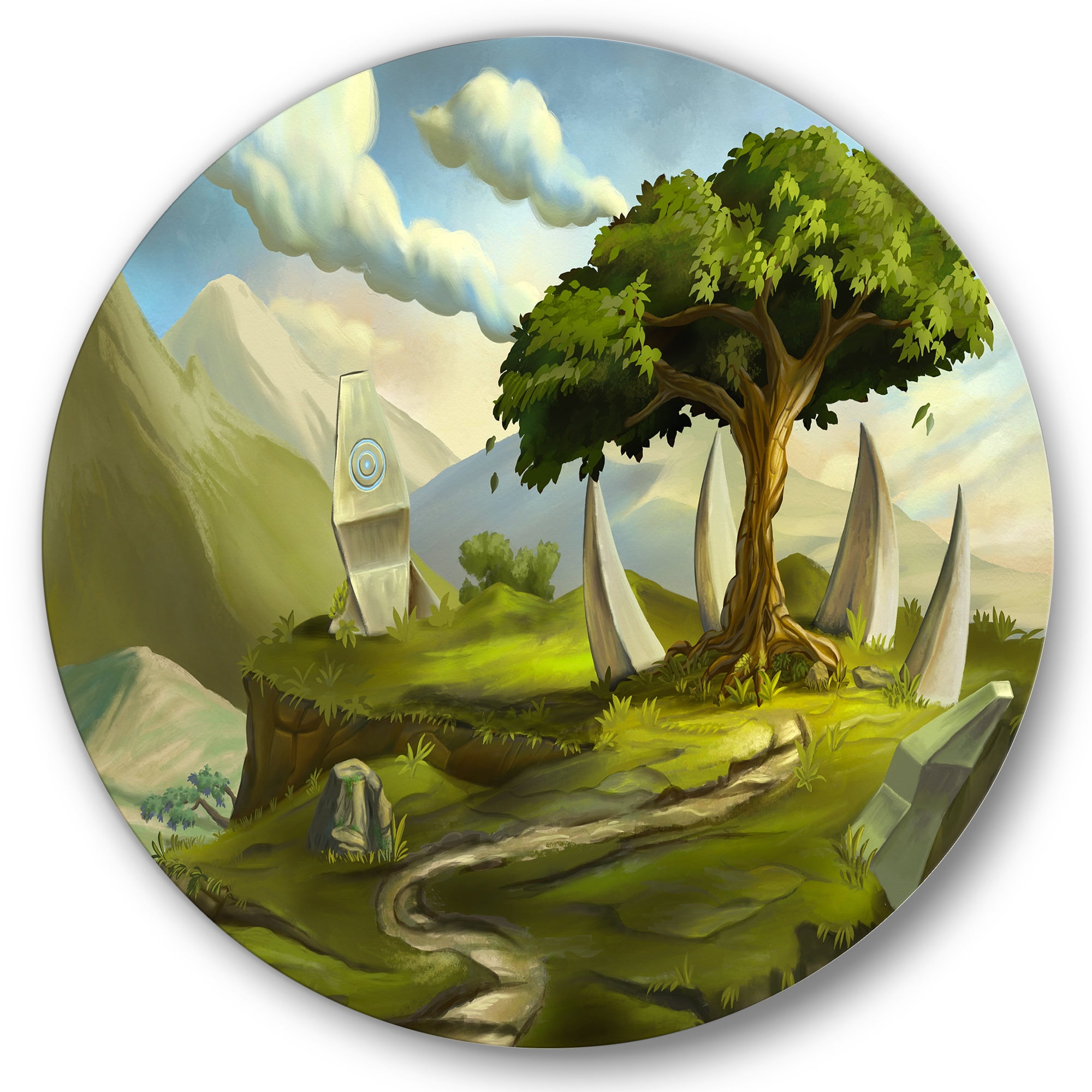 Designart 'Sacred Tree In A Fantasy Green Landscape' Traditional Circle Metal Wall Art 29x29 - Disc of 29