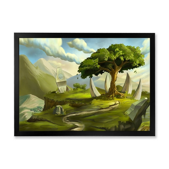 Designart 'Sacred Tree In A Fantasy Green Landscape' Traditional Framed Art Print