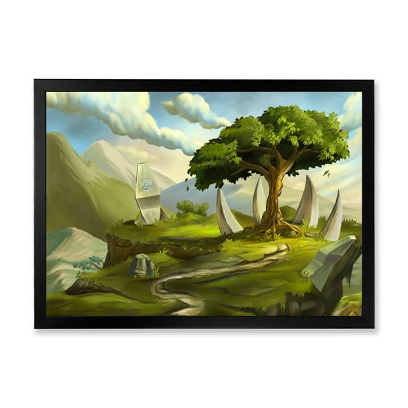Designart 'Sacred Tree In A Fantasy Green Landscape' Traditional Framed Art Print