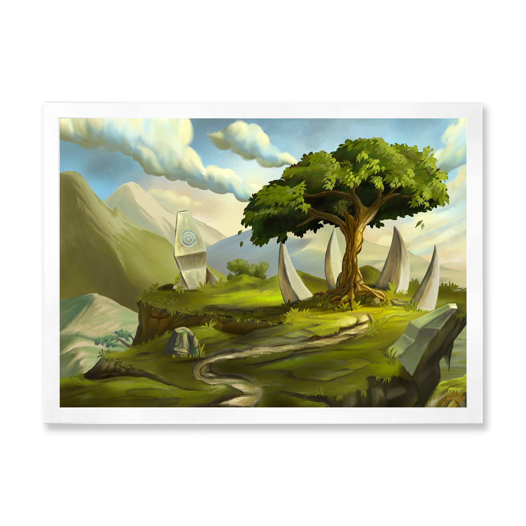 Designart 'Sacred Tree In A Fantasy Green Landscape' Traditional Framed Art Print