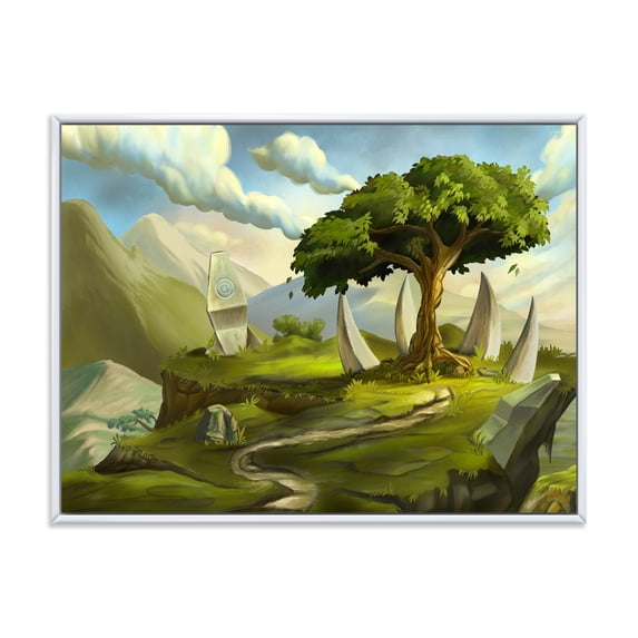 Designart 'Sacred Tree In A Fantasy Green Landscape' Traditional Framed Canvas Wall Art Print