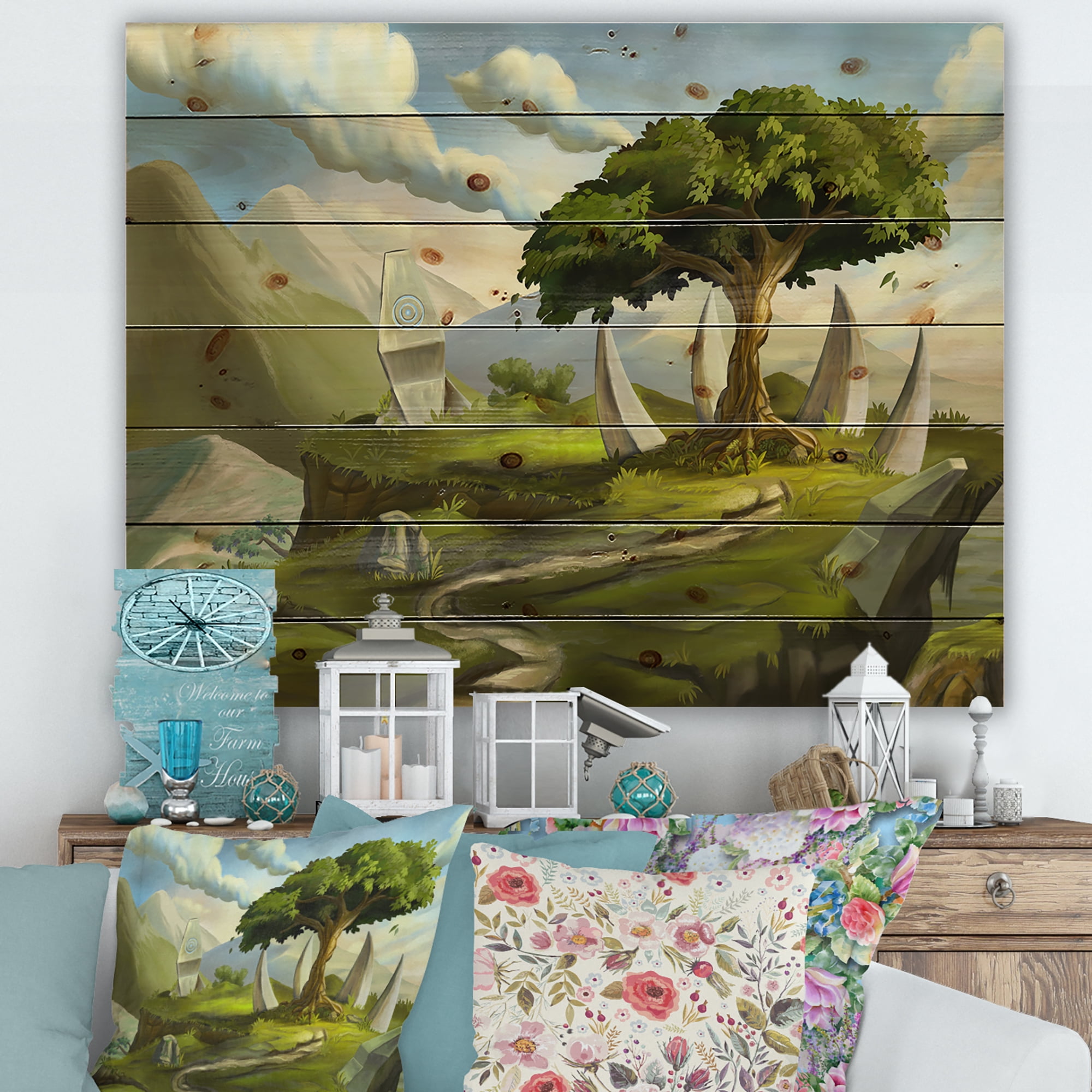 Designart 'Sacred Tree In A Fantasy Green Landscape' Traditional Print on Natural Pine Wood